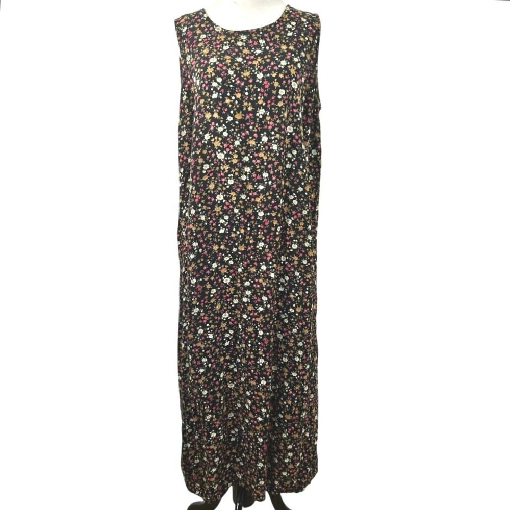 Vintage Studio Ease Black Floral Midi Dress Sleeveless Cottagecore Grunge Sz 14